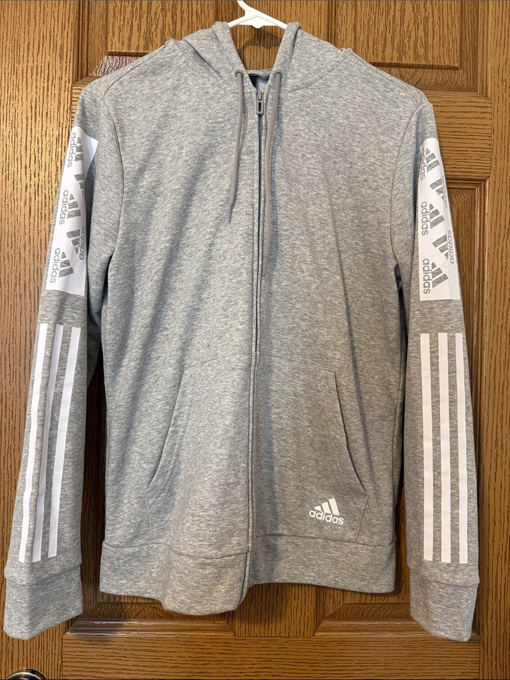 Adidas Gray Zip-Up Hoodie with White Three-Stripe Sleeve Accents